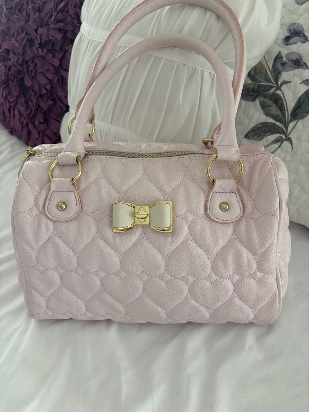 Betsey Johnson Pale Pink Quilted Satchel with Gold Bow
